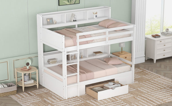 English Elm Twin Over Bunk Bed Pine Wood Frame with Built in Shelving and Storage Drawer White GX000323AAK-1