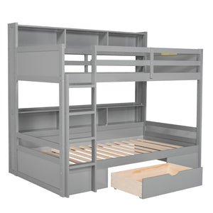 English Elm Twin Over Bunk Bed Pine Wood Frame with Built in Shelving and Storage Drawer Gray GX000323AAE-1