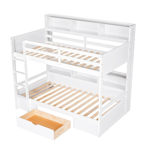 English Elm Twin Over Bunk Bed Pine Wood Frame with Built in Shelving and Storage Drawer White GX000323AAK-1