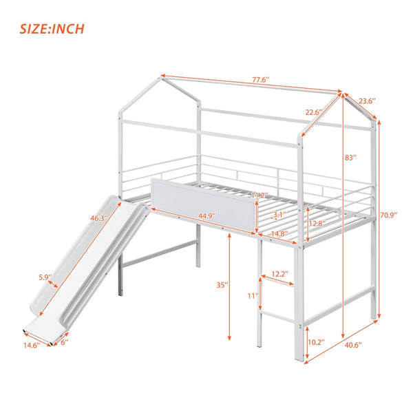 English Elm Metal House Loft Bed Twin Frame with Slide Ladder Writing Board Kids Playroom MF294384AAK