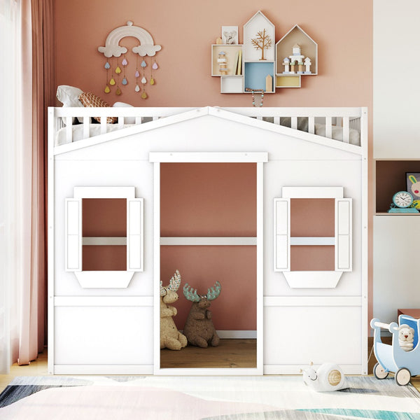 English Elm Full Size Pine Wood Loft Bed with Guard Rails and Ladder for Kids Bedroom LT000337AAK