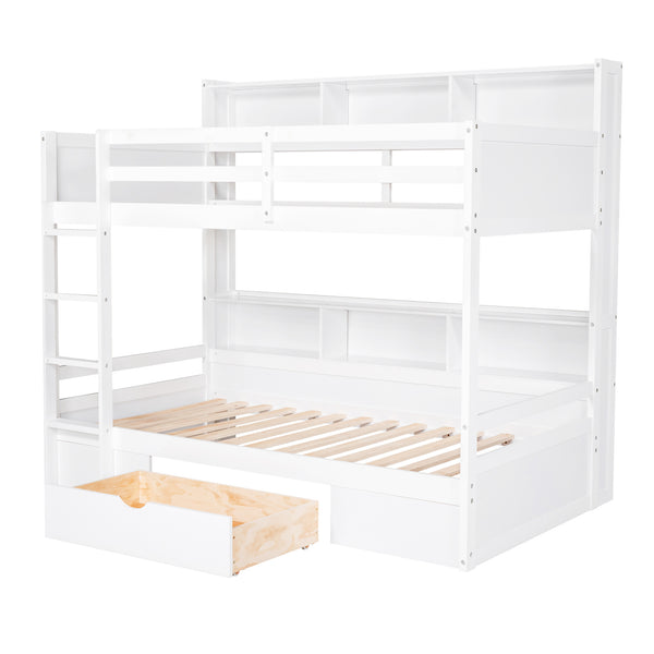 English Elm Twin Twin-Over-Twin Bunk Bed with Built-In Shelves, Full Guardrails, Ladder and Under-Drawer Storage White GX000323AAK
