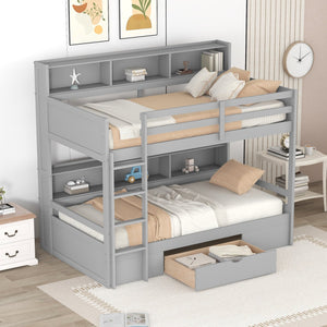 English Elm Twin Twin-Over-Twin Bunk Bed with Built-In Shelves, Full Guardrails, Ladder and Under-Drawer Storage Gray GX000323AAE