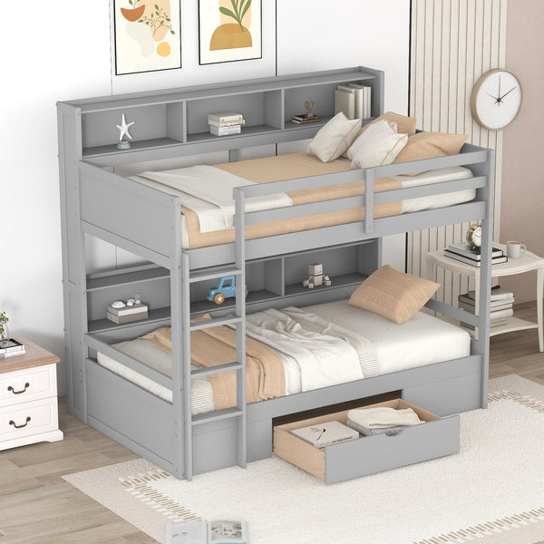 English Elm Twin Twin-Over-Twin Bunk Bed with Built-In Shelves, Full Guardrails, Ladder and Under-Drawer Storage Gray GX000323AAE