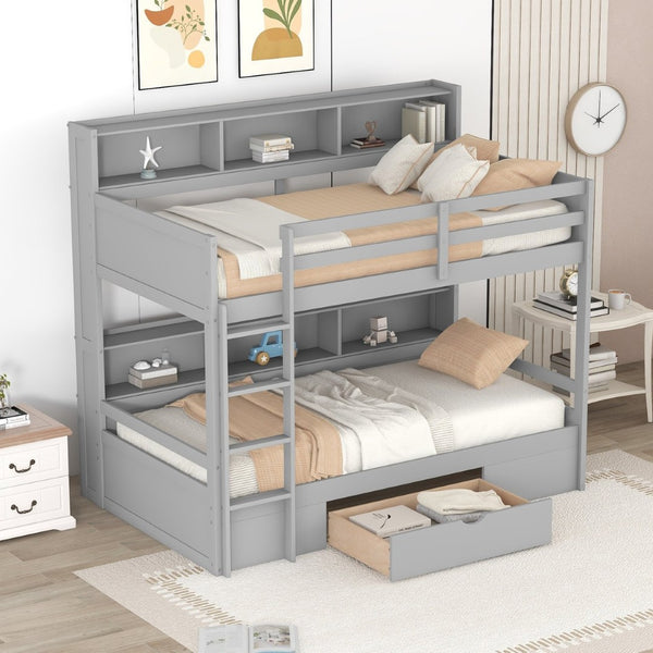 English Elm Twin Over Bunk Bed Pine Wood Frame with Built in Shelving and Storage Drawer Gray GX000323AAE-1
