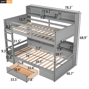 English Elm Twin Over Bunk Bed Pine Wood Frame with Built in Shelving and Storage Drawer Gray GX000323AAE-1