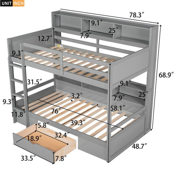 English Elm Twin Over Bunk Bed Pine Wood Frame with Built in Shelving and Storage Drawer Gray GX000323AAE-1