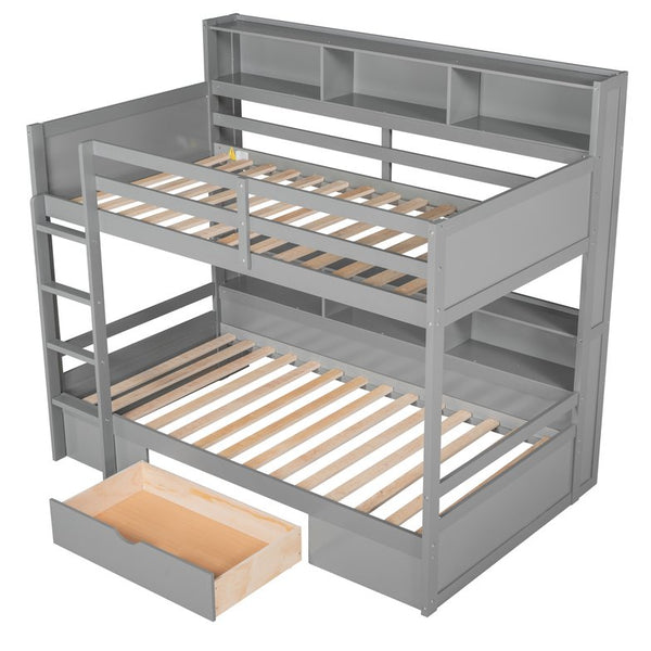 English Elm Twin Twin-Over-Twin Bunk Bed with Built-In Shelves, Full Guardrails, Ladder and Under-Drawer Storage Gray GX000323AAE