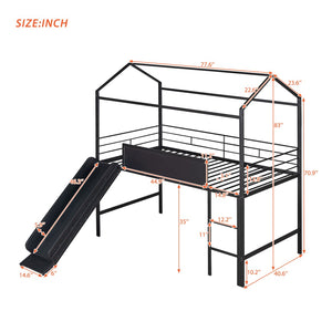 English Elm Metal House Loft Bed Twin Frame with Built-in Slide Writing Board Kids Bedroom MF294384AAB