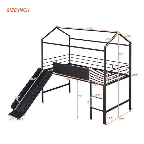 English Elm Metal House Loft Bed Twin Frame with Built-in Slide Writing Board Kids Bedroom MF294384AAB