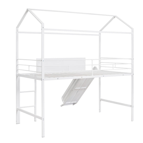 English Elm Metal House Loft Bed Twin Frame with Slide Ladder Writing Board Kids Playroom MF294384AAK