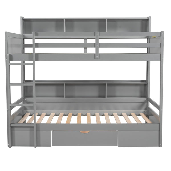 English Elm Twin Twin-Over-Twin Bunk Bed with Built-In Shelves, Full Guardrails, Ladder and Under-Drawer Storage Gray GX000323AAE