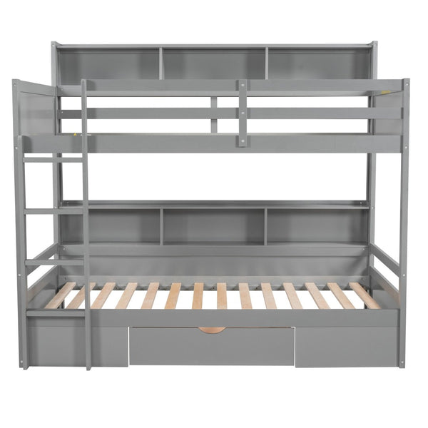 English Elm Twin Over Bunk Bed Pine Wood Frame with Built in Shelving and Storage Drawer Gray GX000323AAE-1