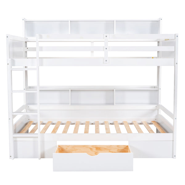 English Elm Twin Twin-Over-Twin Bunk Bed with Built-In Shelves, Full Guardrails, Ladder and Under-Drawer Storage White GX000323AAK
