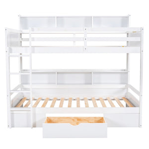 English Elm Twin Over Bunk Bed Pine Wood Frame with Built in Shelving and Storage Drawer White GX000323AAK-1