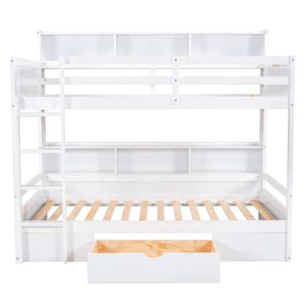 English Elm Twin Over Bunk Bed Pine Wood Frame with Built in Shelving and Storage Drawer White GX000323AAK-1