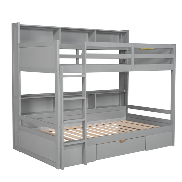 English Elm Twin Twin-Over-Twin Bunk Bed with Built-In Shelves, Full Guardrails, Ladder and Under-Drawer Storage Gray GX000323AAE