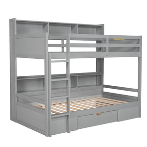 English Elm Twin Over Bunk Bed Pine Wood Frame with Built in Shelving and Storage Drawer Gray GX000323AAE-1