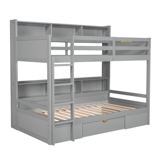 English Elm Twin Over Bunk Bed Pine Wood Frame with Built in Shelving and Storage Drawer Gray GX000323AAE-1