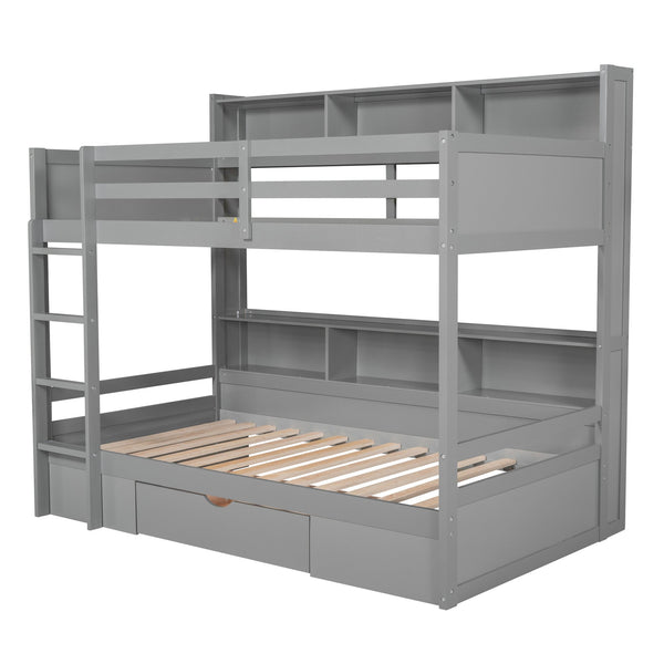 English Elm Twin Twin-Over-Twin Bunk Bed with Built-In Shelves, Full Guardrails, Ladder and Under-Drawer Storage Gray GX000323AAE