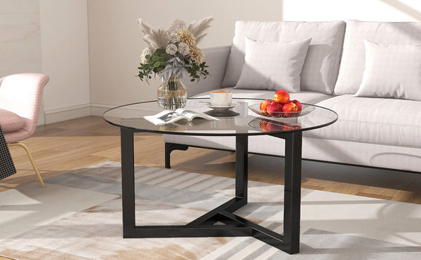 English Elm On-trend Round Tempered Glass Cocktail Table Tripod Wood Base Modern Living Room WF293702AAB
