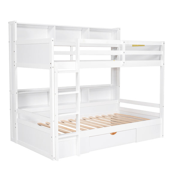 English Elm Twin Twin-Over-Twin Bunk Bed with Built-In Shelves, Full Guardrails, Ladder and Under-Drawer Storage White GX000323AAK