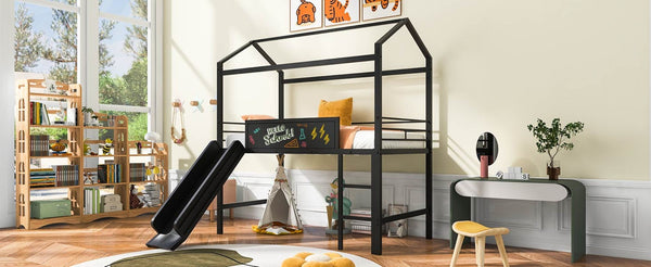 English Elm Metal House Loft Bed Twin Frame with Built-in Slide Writing Board Kids Bedroom MF294384AAB