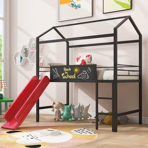 English Elm Metal Cabin Loft Bed for Kids with Built-in Slide Writing Board Playhouse Frame MF294384AAJ