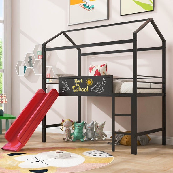 English Elm Metal Cabin Loft Bed for Kids with Built-in Slide Writing Board Playhouse Frame MF294384AAJ