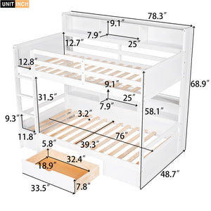 English Elm Twin Twin-Over-Twin Bunk Bed with Built-In Shelves, Full Guardrails, Ladder and Under-Drawer Storage White GX000323AAK