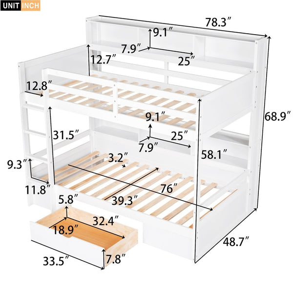 English Elm Twin Over Bunk Bed Pine Wood Frame with Built in Shelving and Storage Drawer White GX000323AAK-1