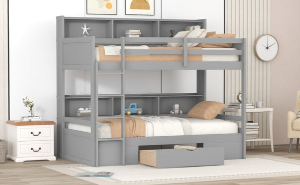 English Elm Twin Over Bunk Bed Pine Wood Frame with Built in Shelving and Storage Drawer Gray GX000323AAE-1