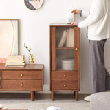 Coffee Color Living Room Storage Cabinet: Free-Standing Corner with Vintage Glass Door, 2 Shelves, 2 Drawers - 37.4