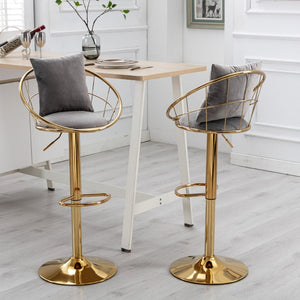 English Elm Grey Velvet Swivel Barstools with Gold Frame Lattice Back Glam Seating Set of 2 W117065088