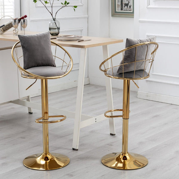 English Elm Grey Velvet Swivel Barstools with Gold Frame Lattice Back Glam Seating Set of 2 W117065088