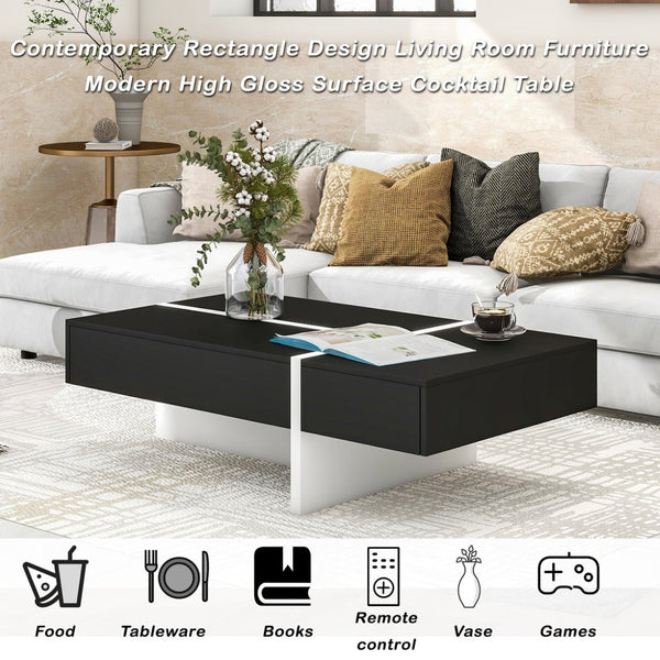 English Elm On-trend Gloss Rectangular Coffee Table with Drawer Black White Living Room WF292142AAB
