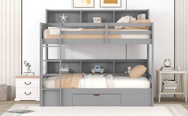 English Elm Twin Twin-Over-Twin Bunk Bed with Built-In Shelves, Full Guardrails, Ladder and Under-Drawer Storage Gray GX000323AAE