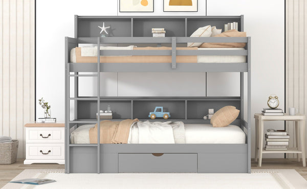 English Elm Twin Over Bunk Bed Pine Wood Frame with Built in Shelving and Storage Drawer Gray GX000323AAE-1