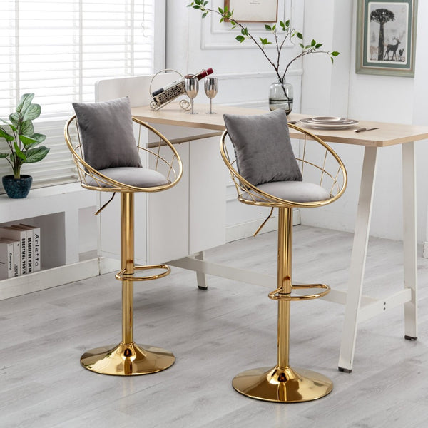 English Elm Grey Velvet Swivel Barstools with Gold Frame Lattice Back Glam Seating Set of 2 W117065088