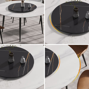 English Elm 59.05"Modern Round Dining Table With Lazy Susan - Stylish Black Metal Base For 6-Person Dining Experience W1535S00016