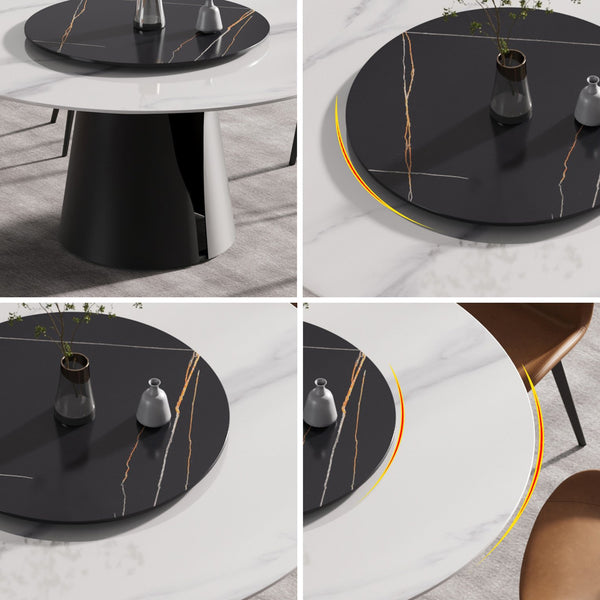 English Elm 59.05"Modern Round Dining Table With Black Carbon Steel Base & 31.5" Lazy Susan For 6 Guests W1535S00020