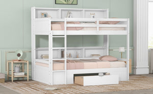 English Elm Twin Over Bunk Bed Pine Wood Frame with Built in Shelving and Storage Drawer White GX000323AAK-1