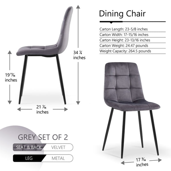 English Elm Grey Velvet Upholstered Dining Side Chairs Set of 2 with Sleek Metal Legs Grey W1164P307941