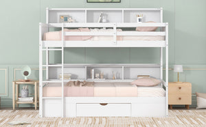 English Elm Twin Twin-Over-Twin Bunk Bed with Built-In Shelves, Full Guardrails, Ladder and Under-Drawer Storage White GX000323AAK