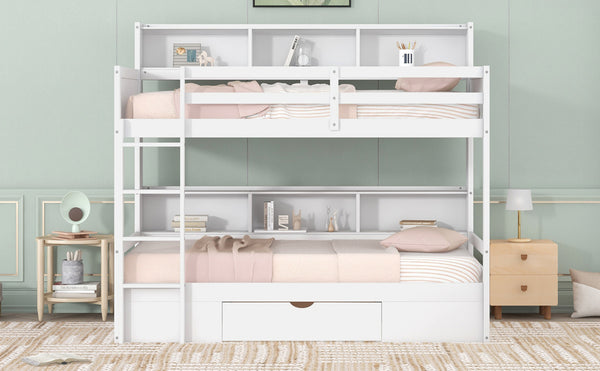 English Elm Twin Twin-Over-Twin Bunk Bed with Built-In Shelves, Full Guardrails, Ladder and Under-Drawer Storage White GX000323AAK