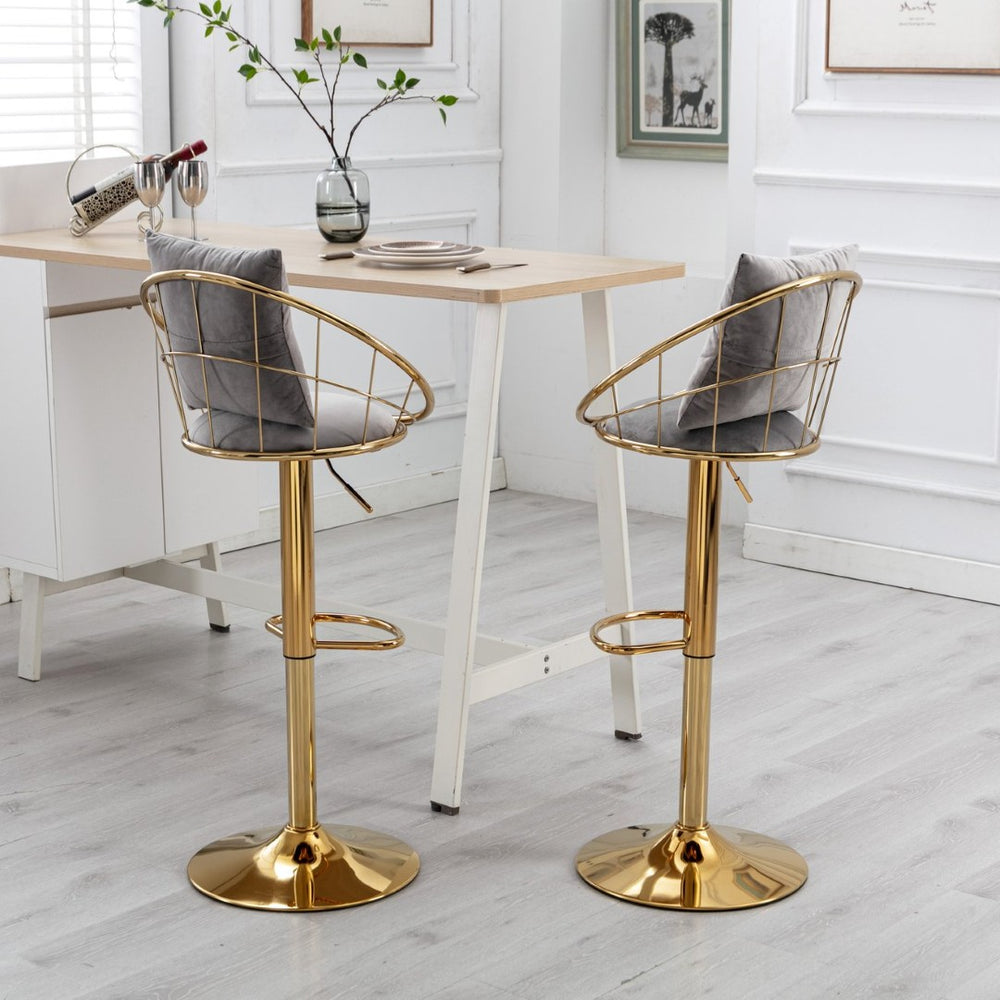 English Elm Grey Velvet Swivel Barstools with Gold Frame Lattice Back Glam Seating Set of 2 W117065088