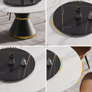 English Elm 59.05"Modern Round Dining Table With Black Carbon Steel Base & 31.5" Turntable For 6 People W1535S00018