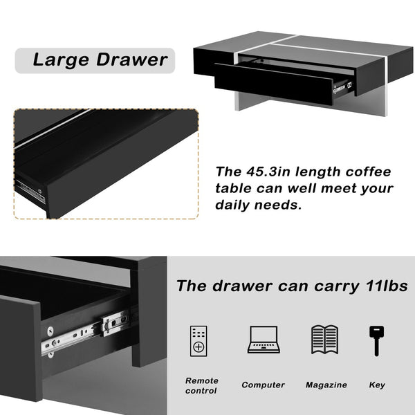 English Elm On-trend Gloss Rectangular Coffee Table with Drawer Black White Living Room WF292142AAB