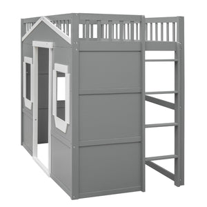 English Elm Twin House Loft Bed Pinewood Frame with Guard Rail and Ladder for Kids Room LT000335AAN