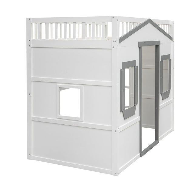 English Elm Twin House Frame Loft Bed Solid Pine Wood Kids Room Elevated Sleeping Platform LT000335AAM